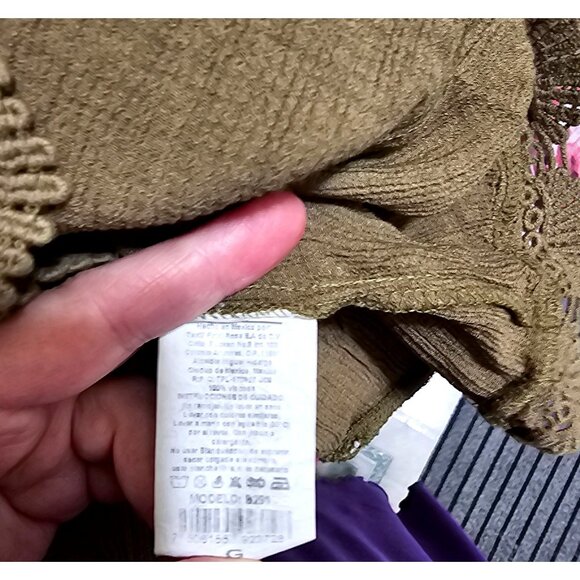 Boho Lace Trim Olive Green Linen Blend Square Neck Blouse By Mine Size G - Picture 4 of 6